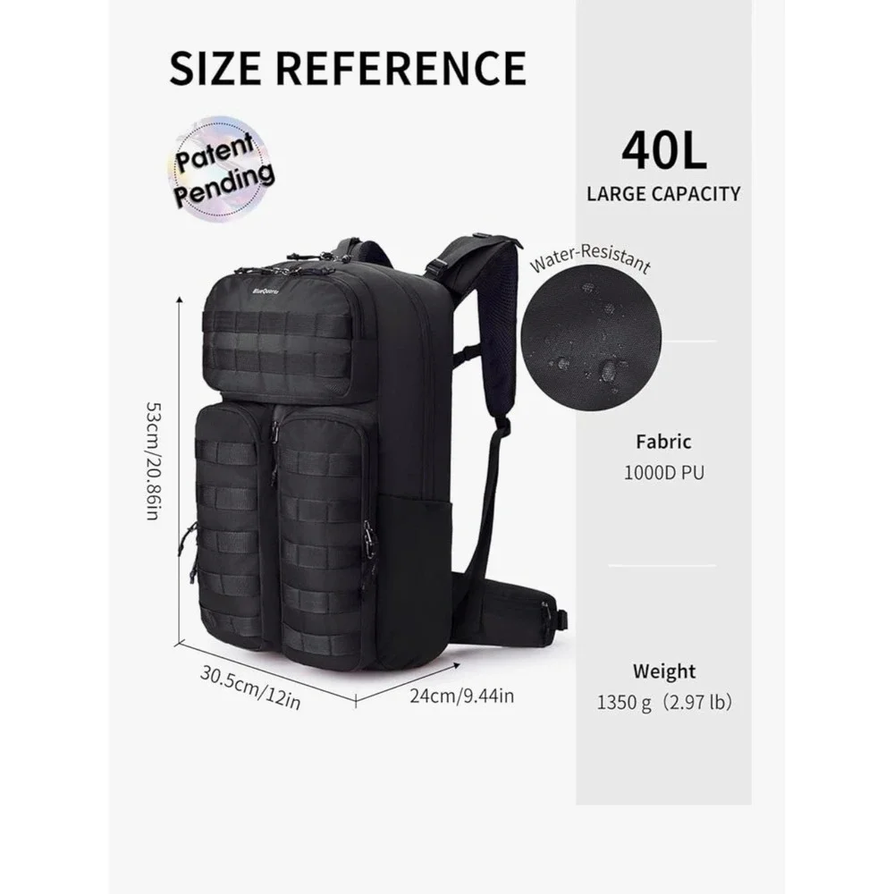 Blue Quartz 40L Tactical Backpack Water Resistant‎ Molle Black Travel Hiking